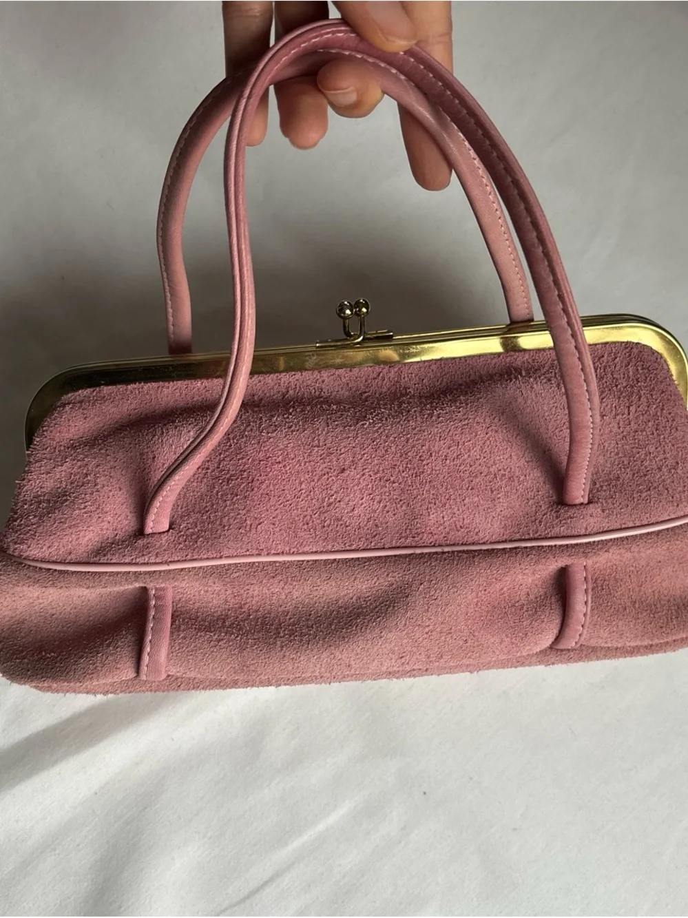 American Vintage Pink Suede Frame Clutch with Gold Trim
